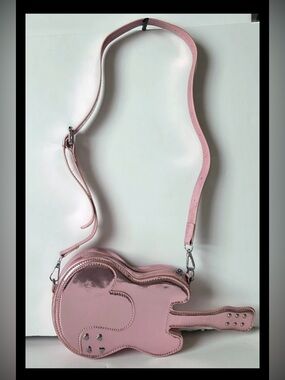 Goth Mini Guitar Shaped Rock Star Crossbody Messenger Bag, Metallic Pink NWOT